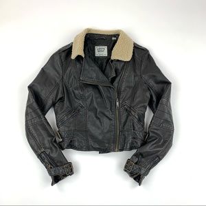 Levis Faux Leather Biker Crop Jacket Sherpa Collar